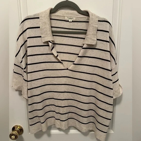 Max Studio Cream and Black Striped V-Neck Shirt - Picture 1 of 4